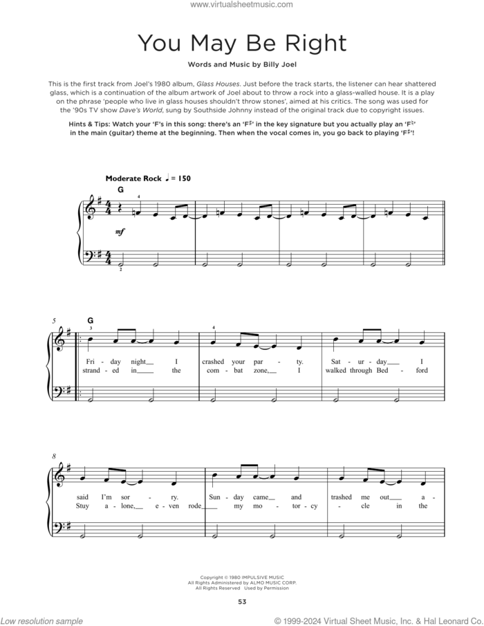 You May Be Right, (beginner) sheet music for piano solo by Billy Joel, beginner skill level