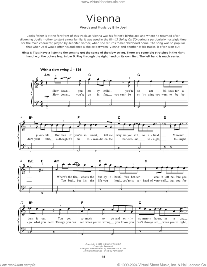 Vienna, (beginner) sheet music for piano solo by Billy Joel, beginner skill level