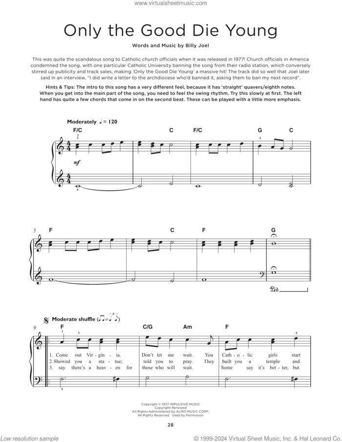 Only The Good Die Young, (beginner) sheet music for piano solo by Billy Joel, beginner skill level