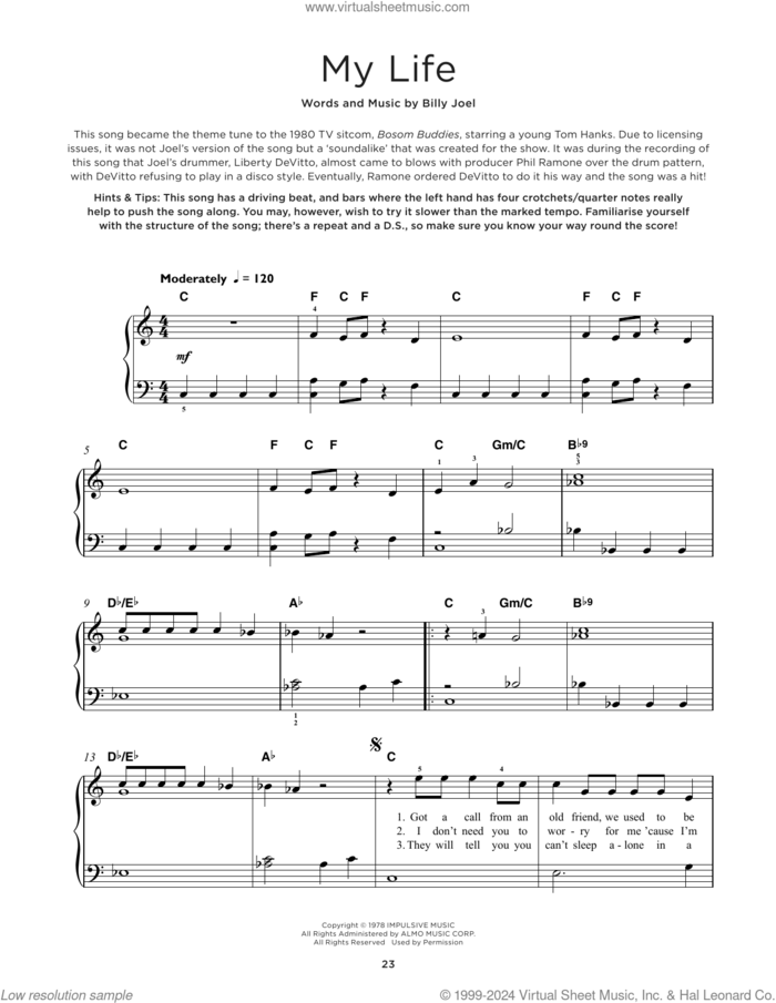 My Life, (beginner) sheet music for piano solo by Billy Joel, beginner skill level