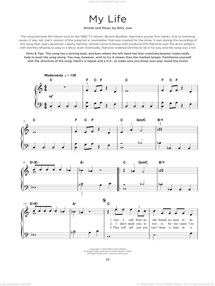 My Life, (beginner) sheet music for piano solo by Billy Joel, beginner skill level