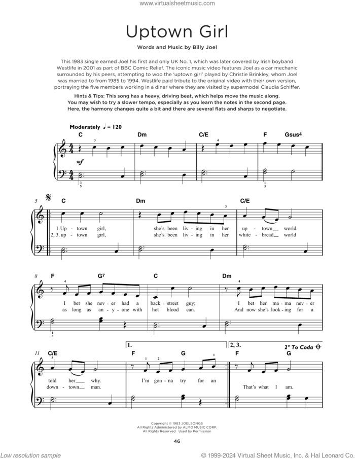 Uptown Girl, (beginner) sheet music for piano solo by Billy Joel, beginner skill level