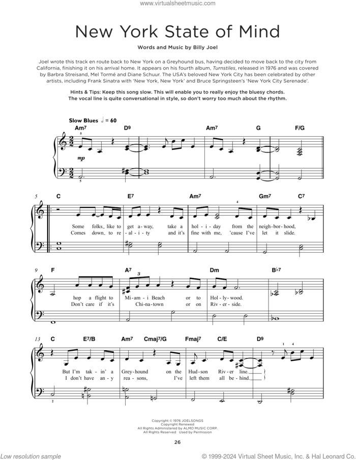 New York State Of Mind sheet music for piano solo by Billy Joel, beginner skill level