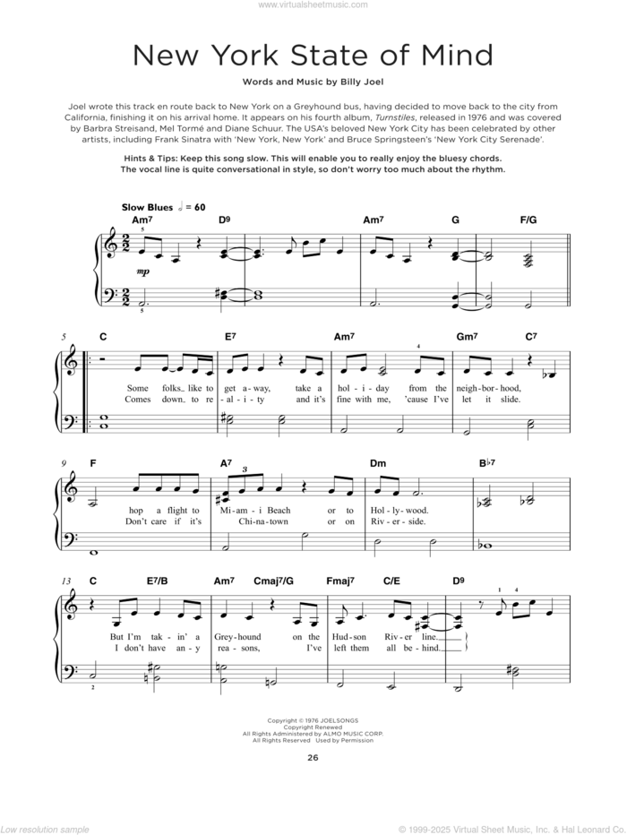 New York State Of Mind sheet music for piano solo by Billy Joel, beginner skill level