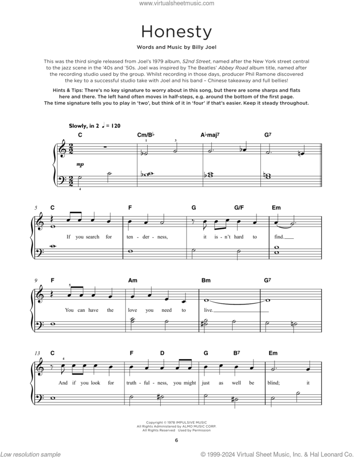 Honesty, (beginner) sheet music for piano solo by Billy Joel, beginner skill level