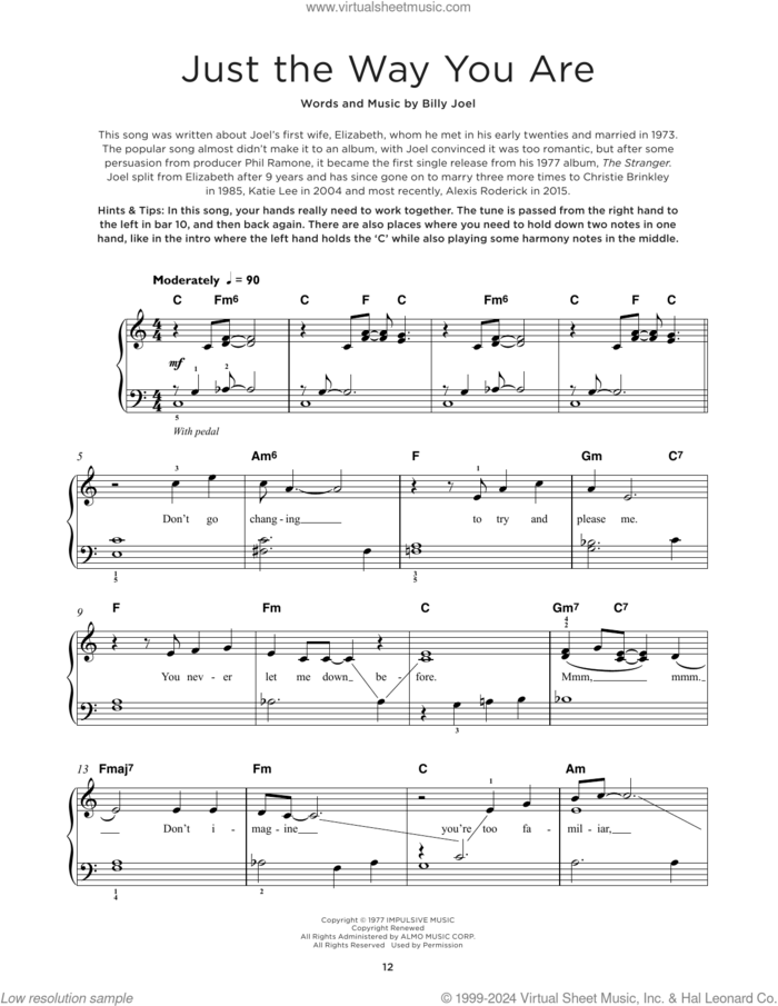 Just The Way You Are sheet music for piano solo by Billy Joel, beginner skill level