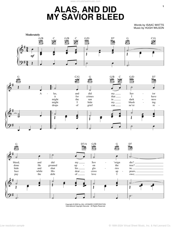 Alas, And Did My Savior Bleed sheet music for voice, piano or guitar by Isaac Watts and Hugh Wilson, intermediate skill level