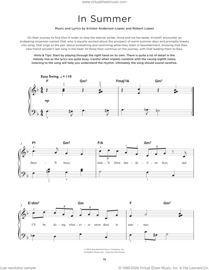 In Summer (from Frozen), (beginner) sheet music for piano solo by Josh Gad, Kristen Anderson-Lopez and Robert Lopez, beginner skill level