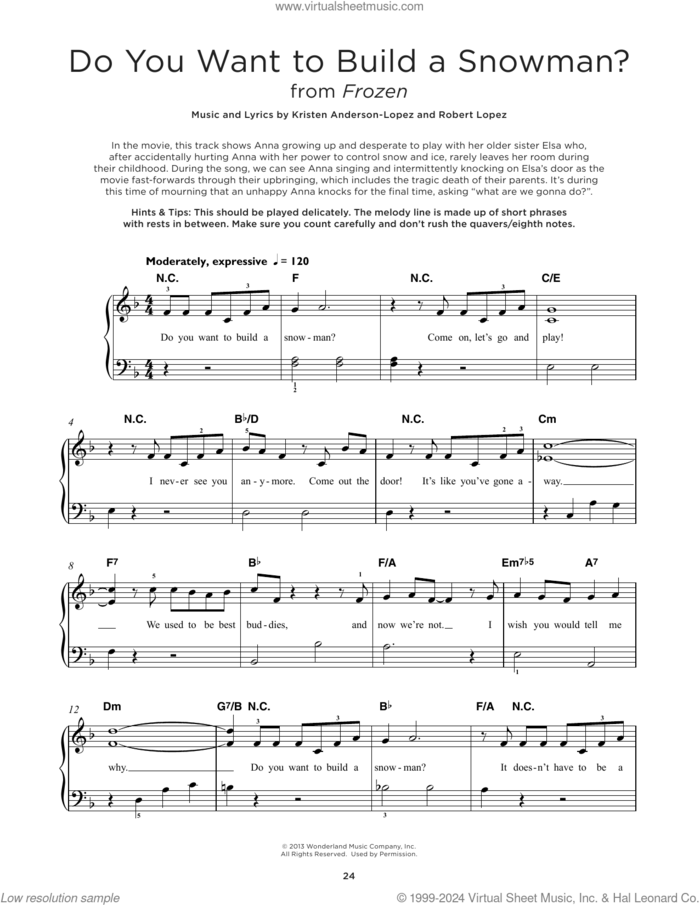 Do You Want To Build A Snowman? (from Frozen), (beginner) (from Frozen) sheet music for piano solo by Kristen Bell, Agatha Lee Monn & Katie Lopez, Kristen Anderson-Lopez and Robert Lopez, beginner skill level