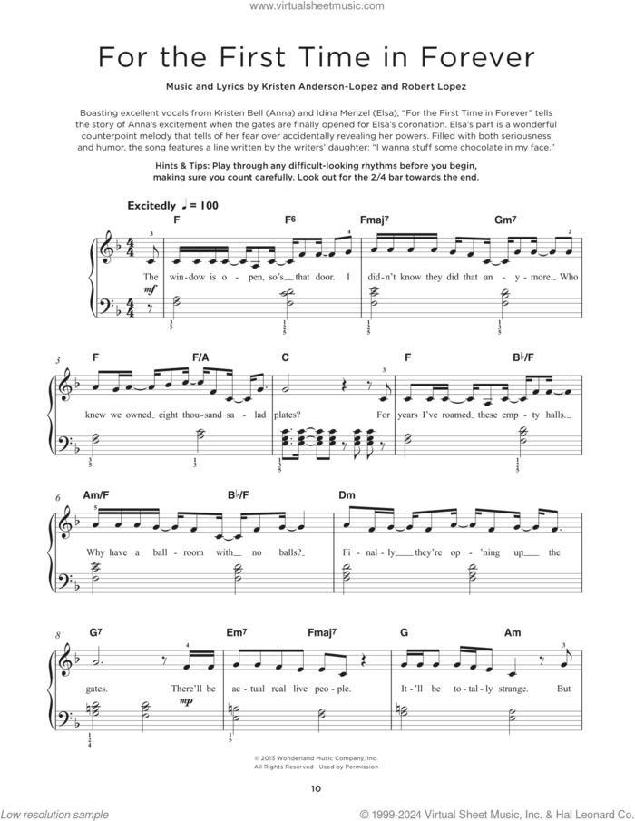For The First Time In Forever (from Frozen) sheet music for piano solo by Robert Lopez, Kristen Bell, Idina Menzel and Kristen Anderson-Lopez, beginner skill level