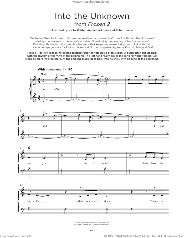 Into The Unknown (from Disney's Frozen 2) sheet music for piano solo by Idina Menzel and AURORA, Panic! At The Disco, Kristen Anderson-Lopez and Robert Lopez, beginner skill level
