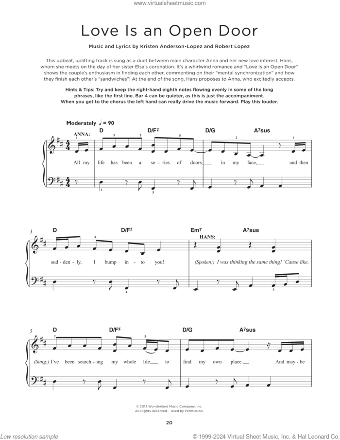 Love Is An Open Door (from Frozen) sheet music for piano solo by Kristen Bell & Santino Fontana, Kristen Anderson-Lopez and Robert Lopez, beginner skill level