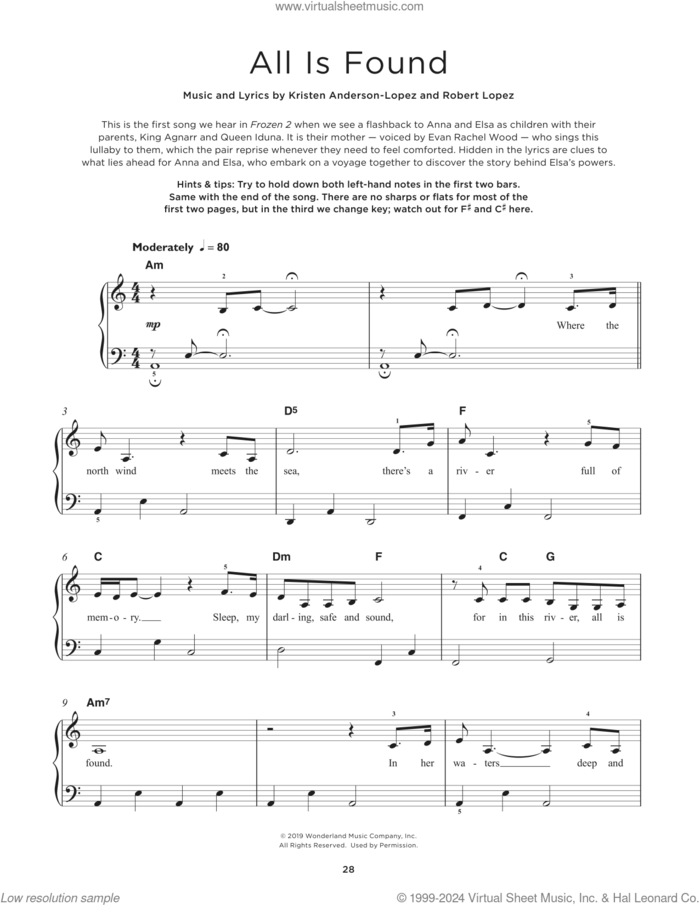 All Is Found (from Disney's Frozen 2) sheet music for piano solo by Evan Rachel Wood, Kristen Anderson-Lopez and Robert Lopez, beginner skill level