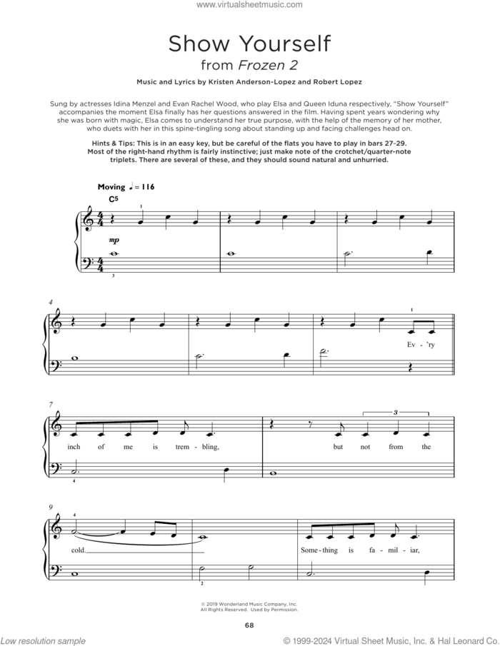 Show Yourself (from Disney's Frozen 2) sheet music for piano solo by Idina Menzel and Evan Rachel Wood, Kristen Anderson-Lopez and Robert Lopez, beginner skill level