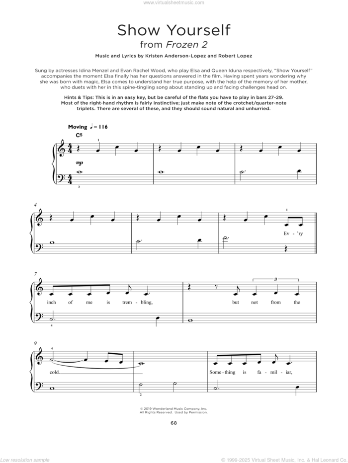 Show Yourself (from Disney's Frozen 2) sheet music for piano solo by Idina Menzel and Evan Rachel Wood, Kristen Anderson-Lopez and Robert Lopez, beginner skill level