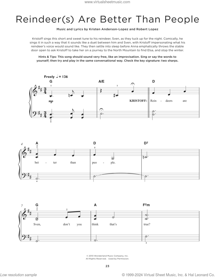 Reindeer(s) Are Better Than People (from Frozen) sheet music for piano solo by Jonathan Groff, Kristen Anderson-Lopez and Robert Lopez, beginner skill level