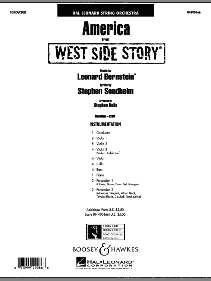 America (from West Side Story) (COMPLETE) sheet music for orchestra by Stephen Sondheim, Leonard Bernstein and Stephen Bulla, intermediate skill level