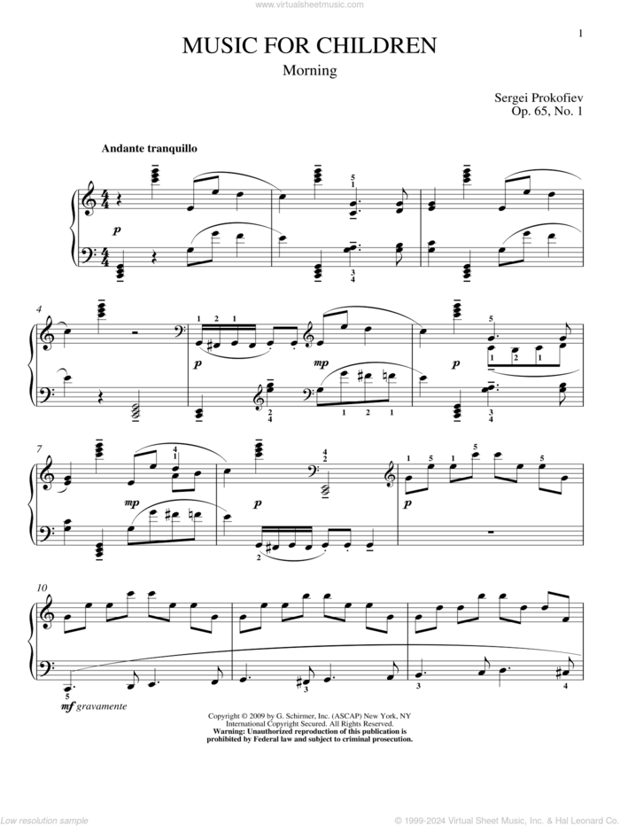 Morning sheet music for piano solo by Sergei Prokofiev, Jeffrey Biegel and Matthew Edwards, classical score, intermediate skill level