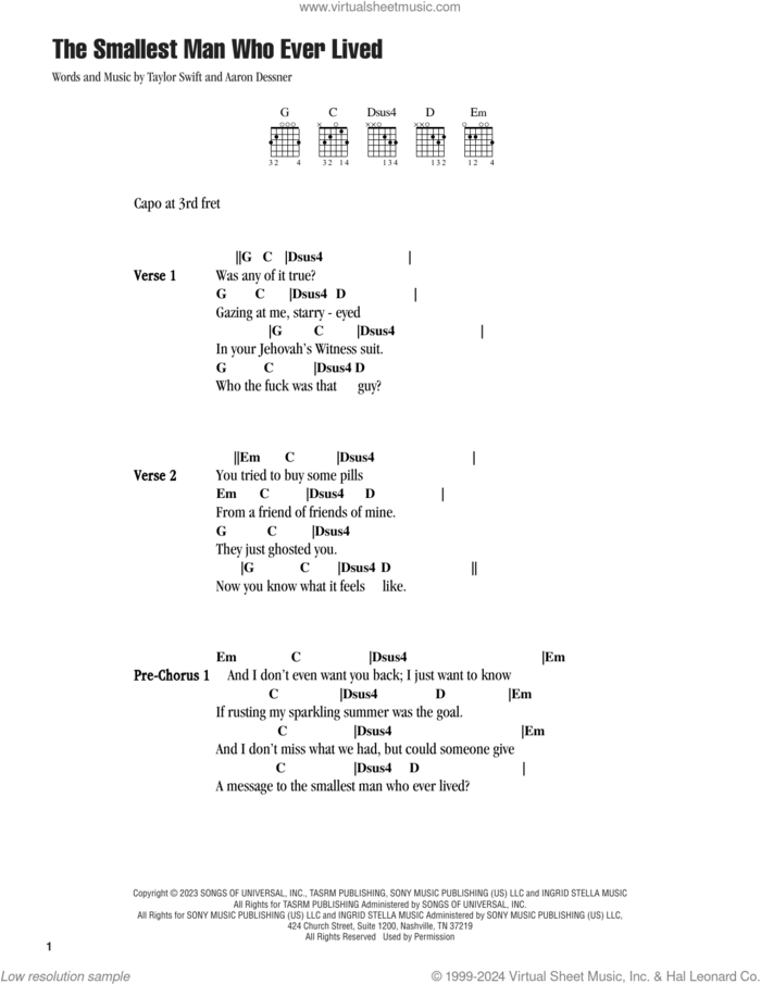 The Smallest Man Who Ever Lived sheet music for guitar (chords) by Taylor Swift and Aaron Dessner, intermediate skill level