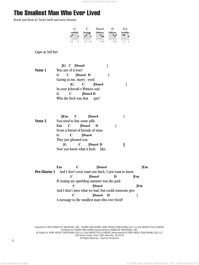 The Smallest Man Who Ever Lived sheet music for guitar (chords) by Taylor Swift and Aaron Dessner, intermediate skill level