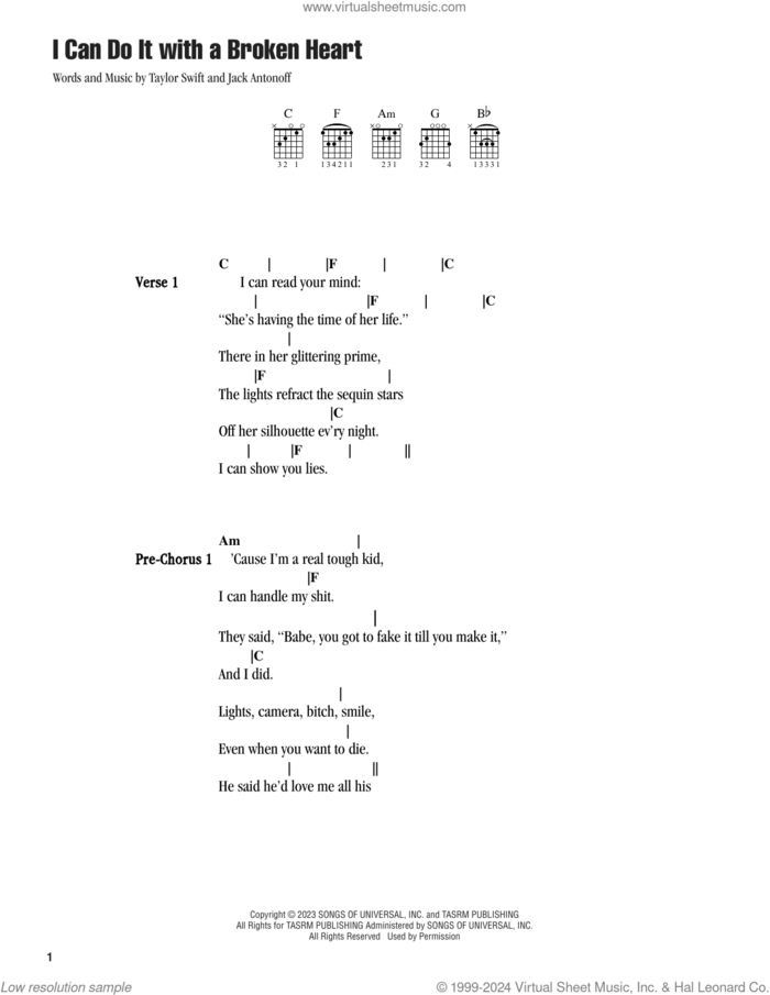 I Can Do It with a Broken Heart sheet music for guitar (chords) by Taylor Swift and Jack Antonoff, intermediate skill level