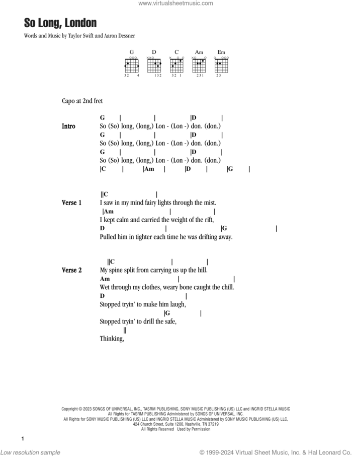 So Long, London sheet music for guitar (chords) by Taylor Swift and Aaron Dessner, intermediate skill level