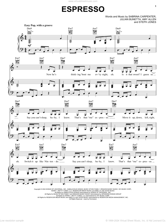 Espresso sheet music for voice, piano or guitar by Sabrina Carpenter, Amy Allen, Julian Bunetta and Stephenie Jones, intermediate skill level