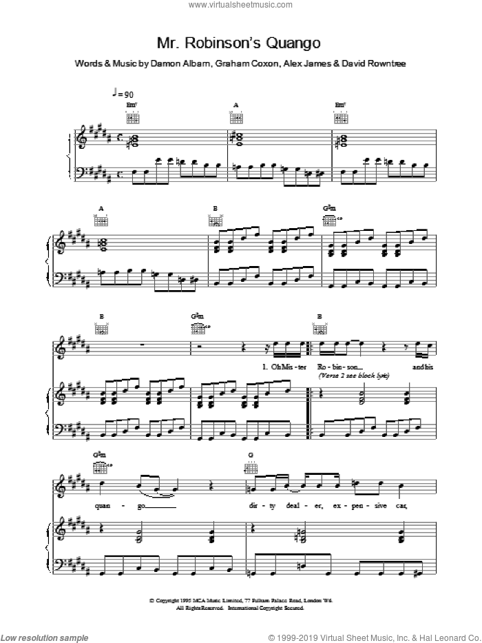 Mr Robinson's Quango sheet music for voice, piano or guitar by Alex James, Blur, ALBARN and COXON, intermediate skill level