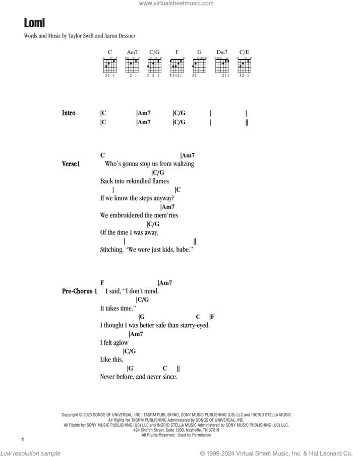 Loml sheet music for guitar (chords) by Taylor Swift and Aaron Dessner, intermediate skill level