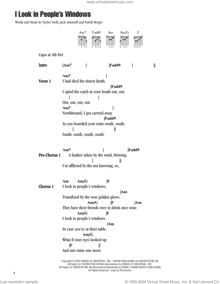 I Look in People's Windows sheet music for guitar (chords) by Taylor Swift, Jack Antonoff and Patrik Berger, intermediate skill level
