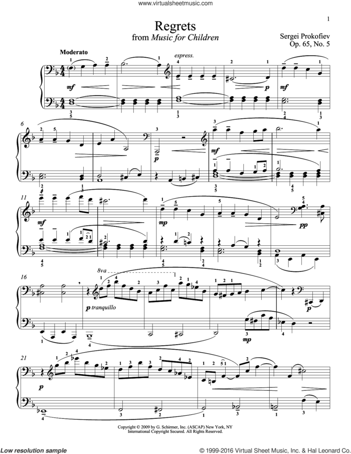 Regrets sheet music for piano solo by Sergei Prokofiev, Jeffrey Biegel and Matthew Edwards, classical score, intermediate skill level
