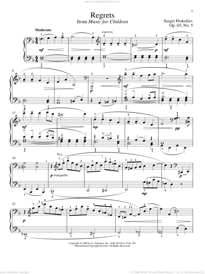 Regrets sheet music for piano solo by Sergei Prokofiev, Jeffrey Biegel and Matthew Edwards, classical score, intermediate skill level