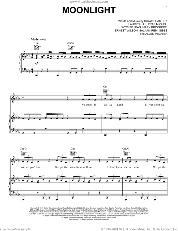 Moonlight sheet music for voice, piano or guitar by Jay-Z, Allen McGrier, Ernest Wilson, Lauryn Hill, Mary Brockert, Pras Michel, Salaam Remi, Shawn Carter and Wyclef Jean, intermediate skill level