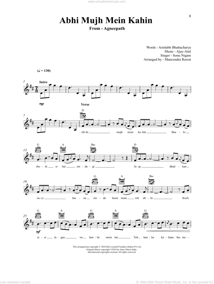 Abhi Mujh Mein Kahin (from Agneepath) sheet music for voice and other instruments (fake book) by Sonu Nigam, Ajay Gogavale, Amitabh Bhattacharya and Atul Gogavale, intermediate skill level
