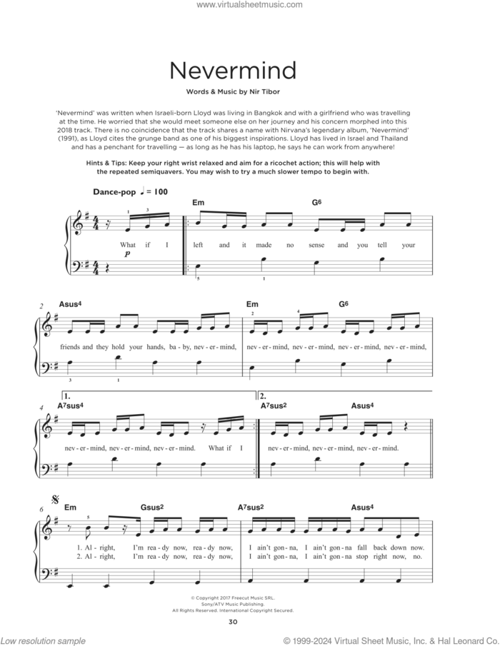 Nevermind sheet music for piano solo by Dennis Lloyd and Nir Tibor (dennis Lloyd), beginner skill level