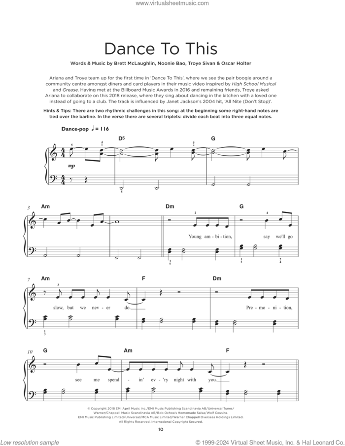 Dance To This (feat. Ariana Grande) sheet music for piano solo by Troye Sivan, Brett McLaughlin, Noonie Bao and Oscar Holter, beginner skill level