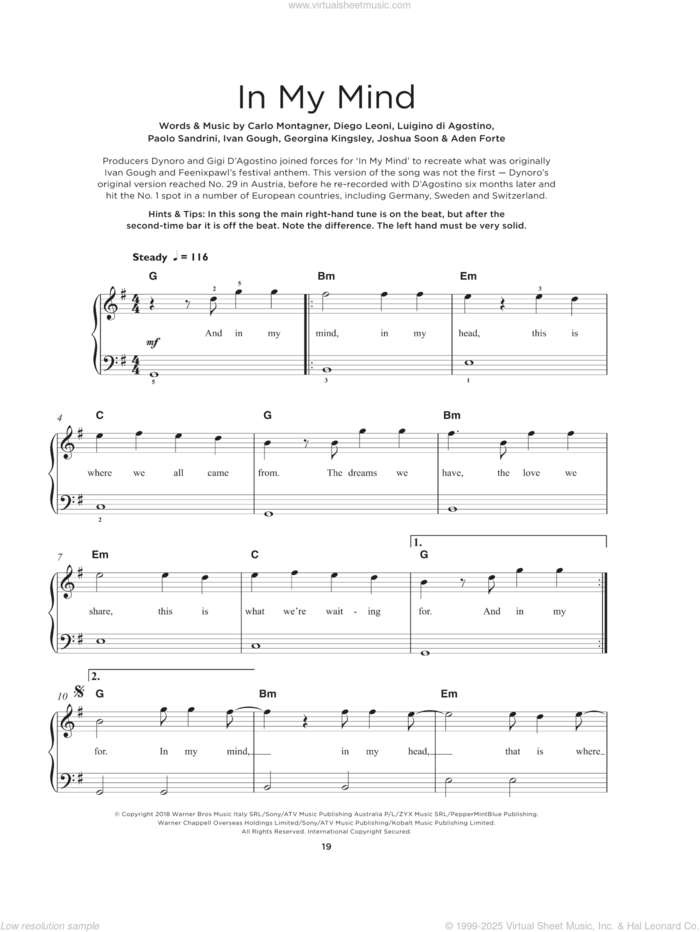 In My Mind sheet music for piano solo by Dynoro & Gigi D'Agostino, Aden Forte, Carlo Montagner, Diego Leoni, Georgina Kingsley, Ivan Gough, Joshua Soon, Luigino Di Agostino and Paolo Sandrini, beginner skill level