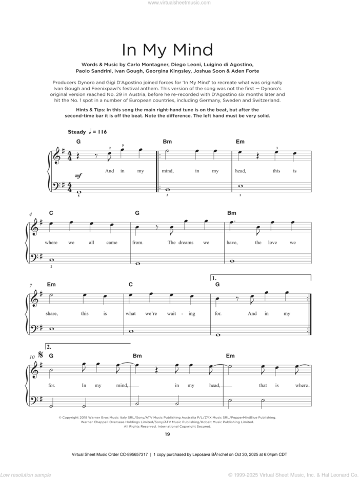 In My Mind sheet music for piano solo by Dynoro & Gigi D'Agostino, Aden Forte, Carlo Montagner, Diego Leoni, Georgina Kingsley, Ivan Gough, Joshua Soon, Luigino Di Agostino and Paolo Sandrini, beginner skill level