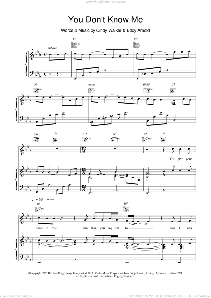 You Don't Know Me sheet music for voice, piano or guitar by Van Morrison, Cindy Walker and Eddy Arnold, intermediate skill level