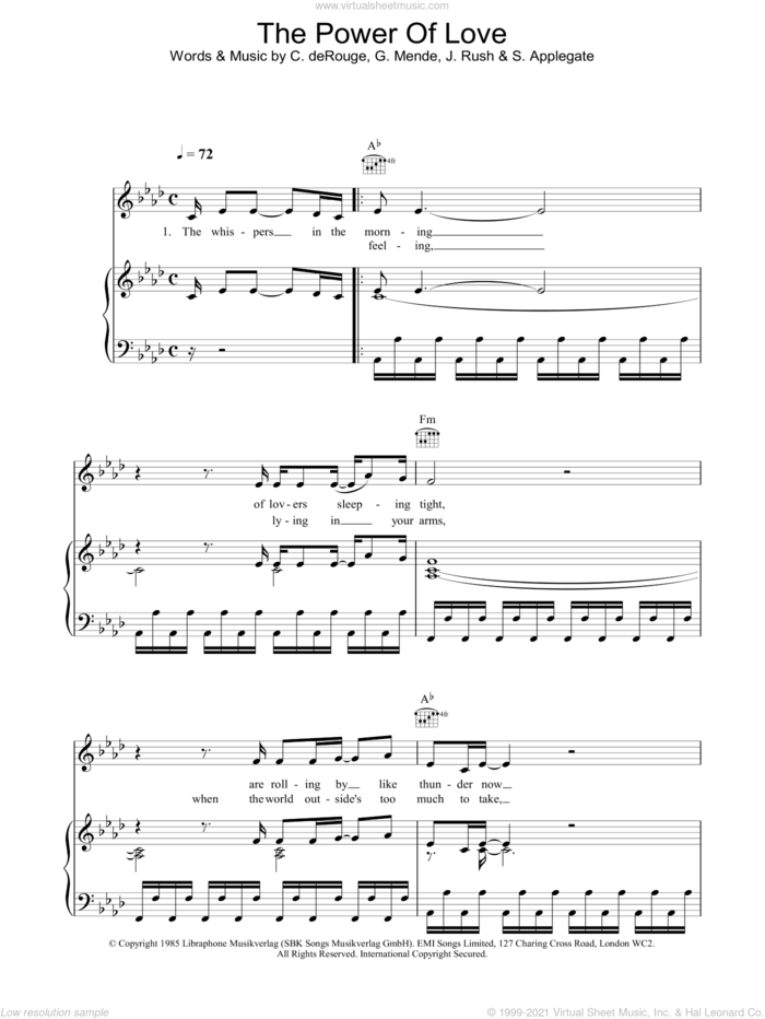 The Power Of Love sheet music for voice, piano or guitar by Celine Dion, Candy Derouge, David Foster, Gunther Mende, Jennifer Rush and Mary Susan Applegate, wedding score, intermediate skill level