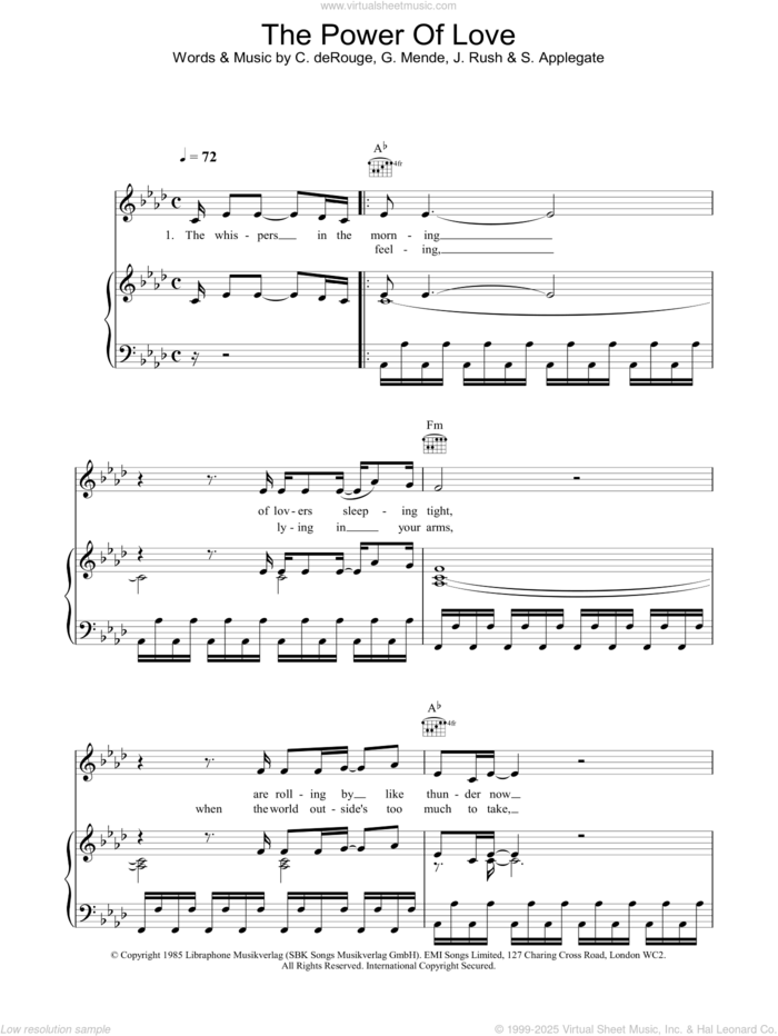 The Power Of Love sheet music for voice, piano or guitar by Celine Dion, Candy Derouge, David Foster, Gunther Mende, Jennifer Rush and Mary Susan Applegate, wedding score, intermediate skill level