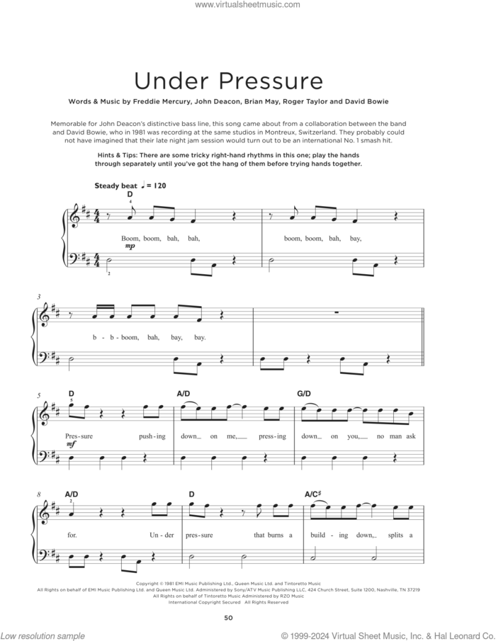 Under Pressure, (beginner) sheet music for piano solo by Queen & David Bowie, Queen, Brian May, David Bowie, Freddie Mercury, John Deacon and Roger Taylor, beginner skill level