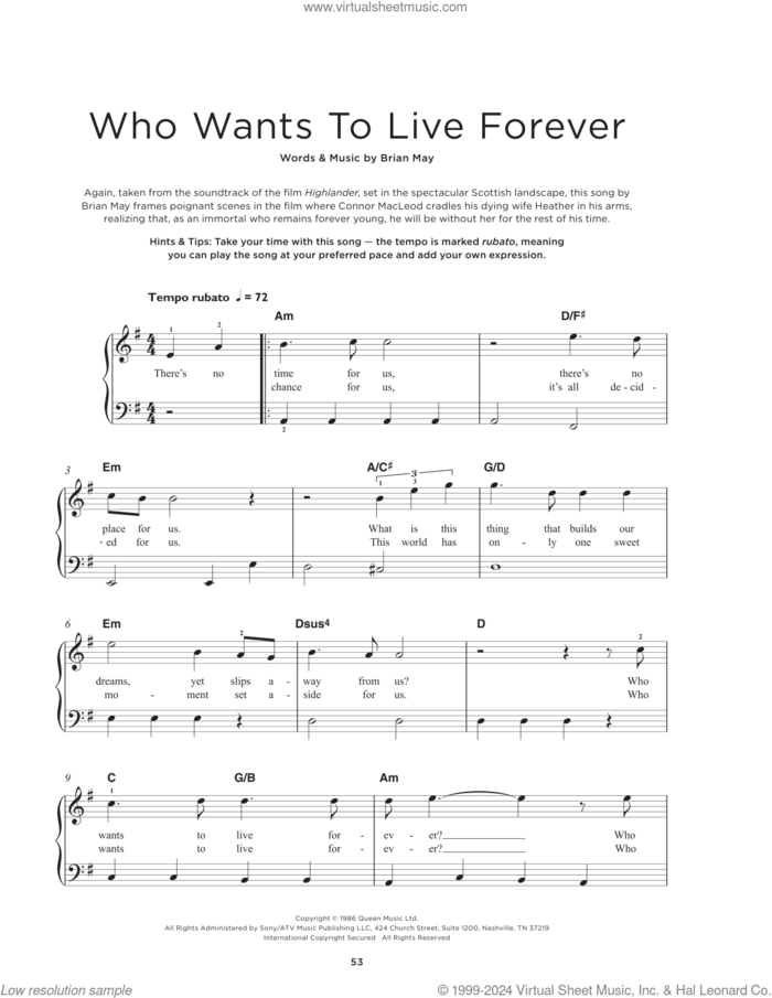 Who Wants To Live Forever, (beginner) sheet music for piano solo by Queen and Brian May, beginner skill level