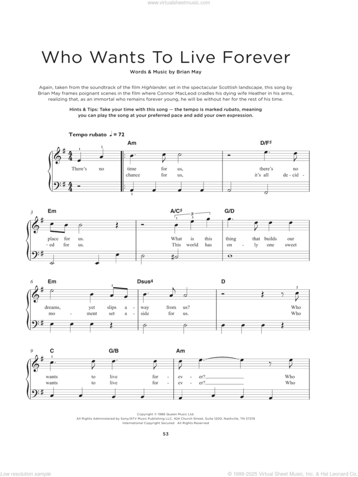 Who Wants To Live Forever, (beginner) sheet music for piano solo by Queen and Brian May, beginner skill level