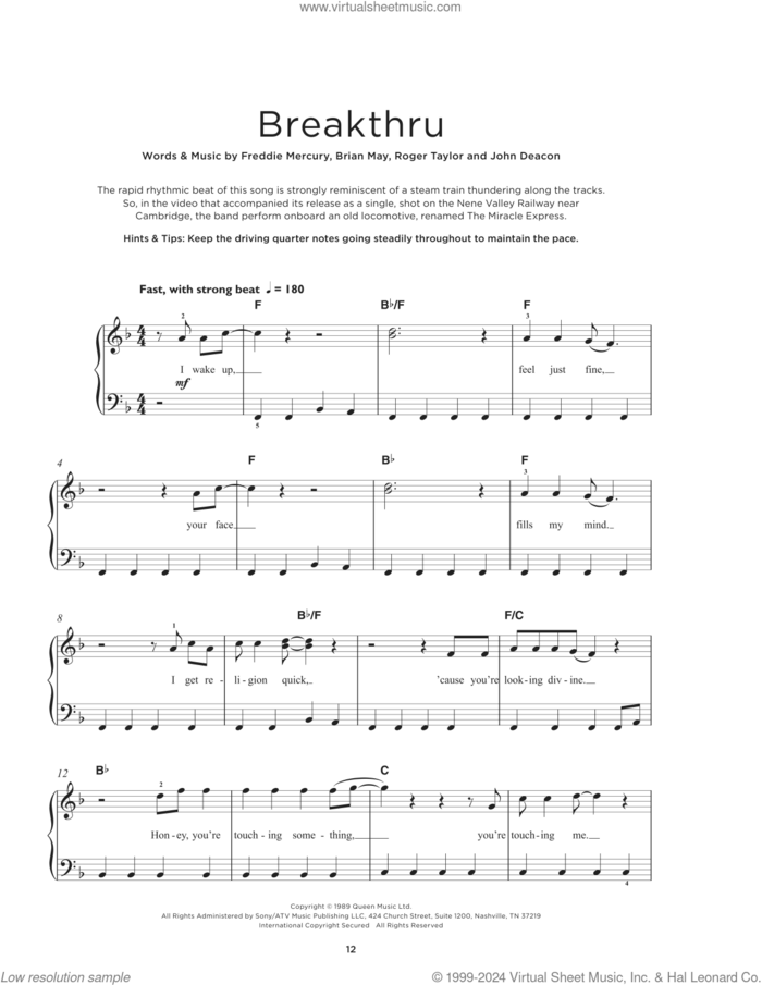 Breakthru, (beginner) sheet music for piano solo by Queen, Brian May, Freddie Mercury, John Deacon and Roger Taylor, beginner skill level