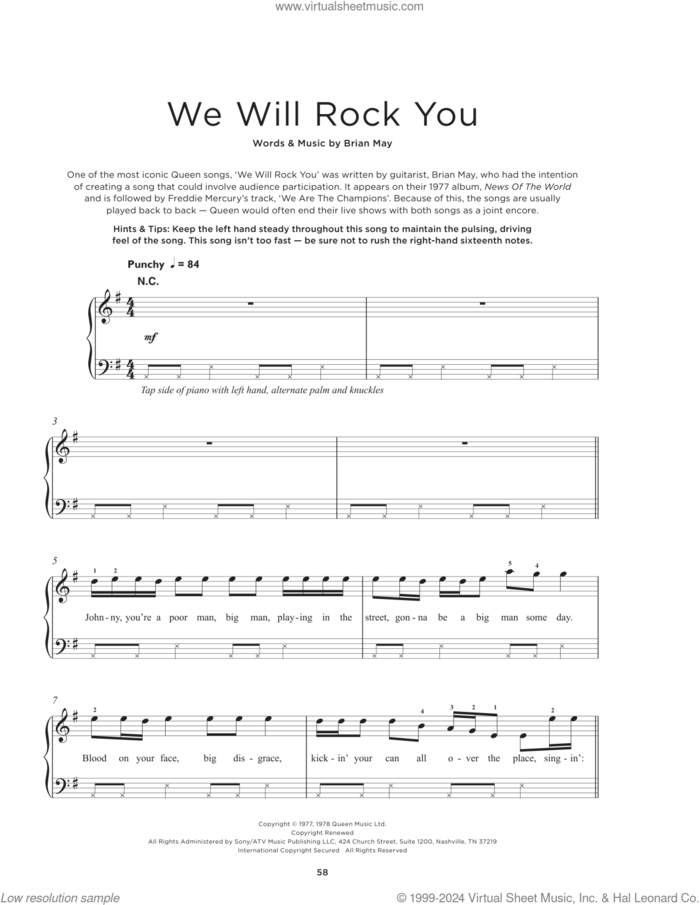 We Will Rock You sheet music for piano solo by Queen and Brian May, beginner skill level