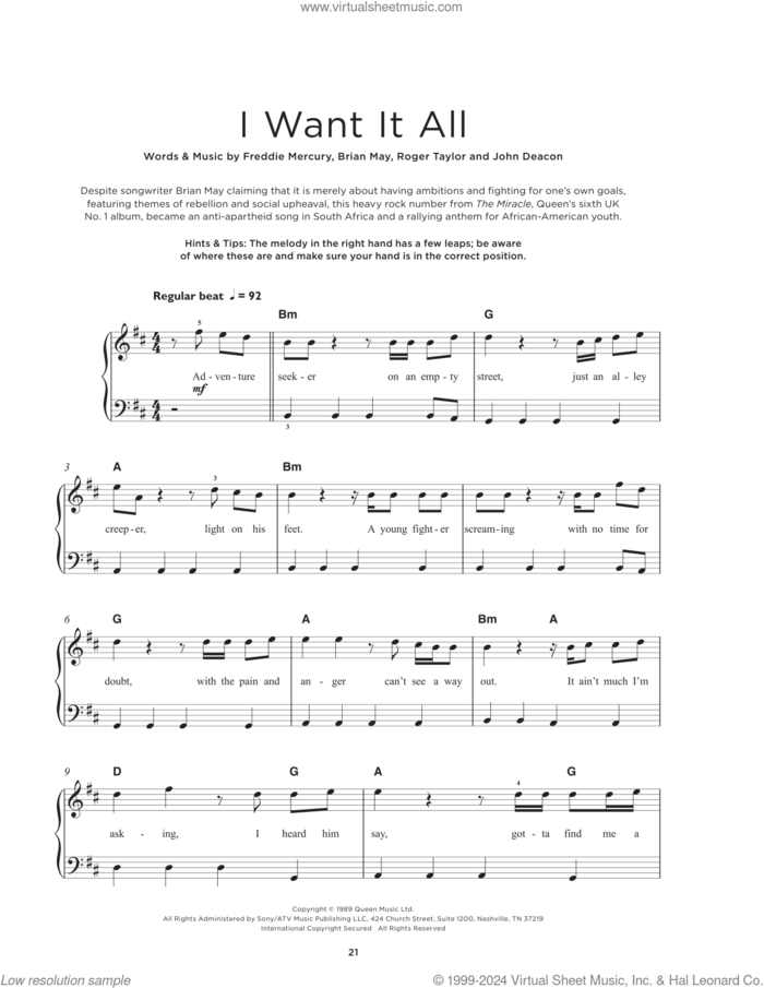 I Want It All, (beginner) sheet music for piano solo by Queen, Brian May, Freddie Mercury, John Deacon and Roger Taylor, beginner skill level