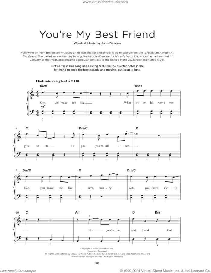 You're My Best Friend sheet music for piano solo by Queen and John Deacon, beginner skill level