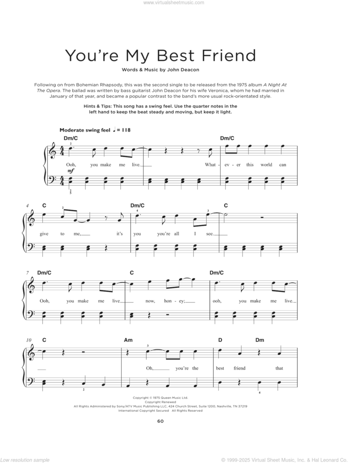 You're My Best Friend sheet music for piano solo by Queen and John Deacon, beginner skill level