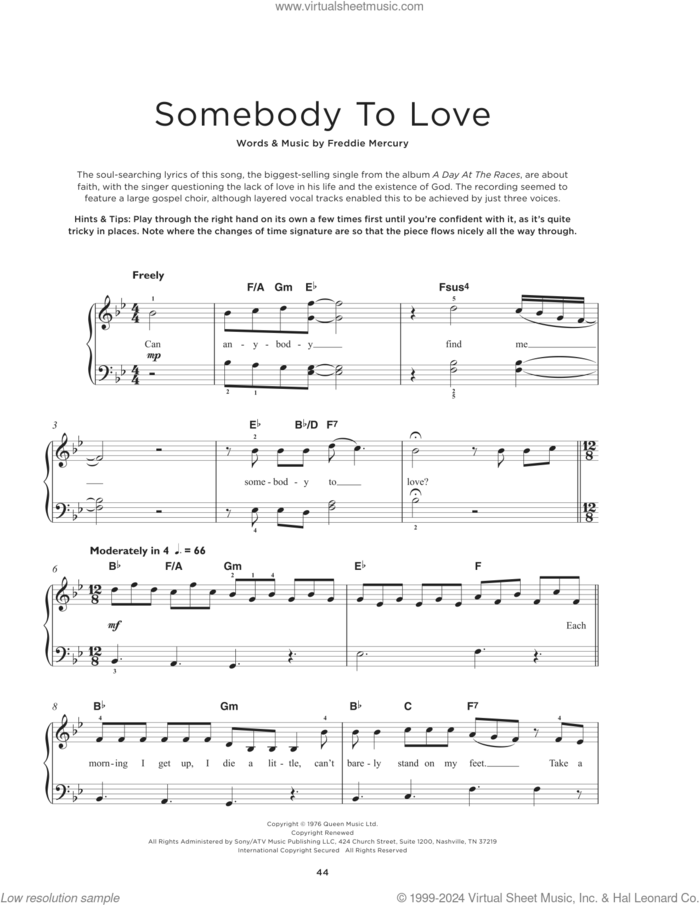 Somebody To Love, (beginner) sheet music for piano solo by Queen and Freddie Mercury, beginner skill level